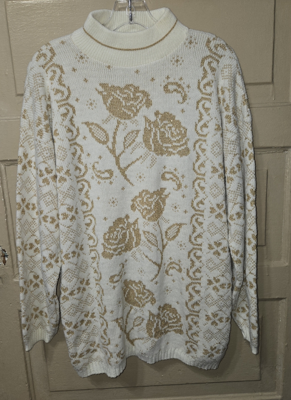 Dana Scott Vintage 80s Metallic Gold Rose White Sweater GUC *No Size Tag* - Picture 2 of 7